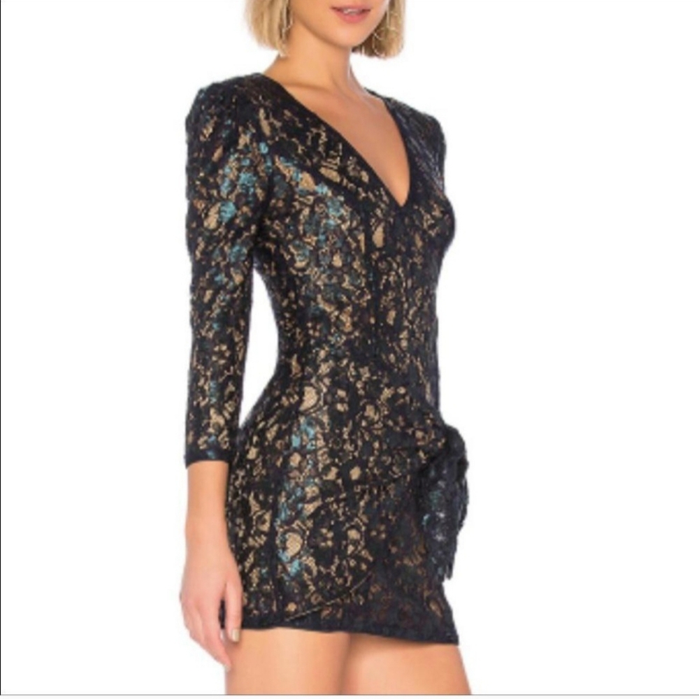 MAJORELLE Black and Gold Long Sleeve Lace Mini Dress